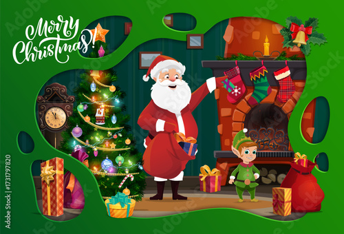 Christmas paper cut banner with Santa Claus near fireplace and holiday socks, vector greeting card. Merry Christmas winter holiday banner with Xmas tree and Santa putting gifts in socks at fireplace