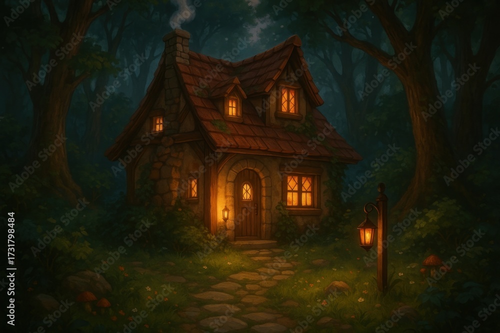 Obraz premium Charming cottage in enchanted forest.