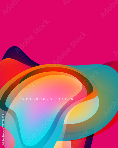 Abstract colorful layers create dynamic composition. Bright hues blend, forming fluid shapes against pink backdrop. Modern design element.