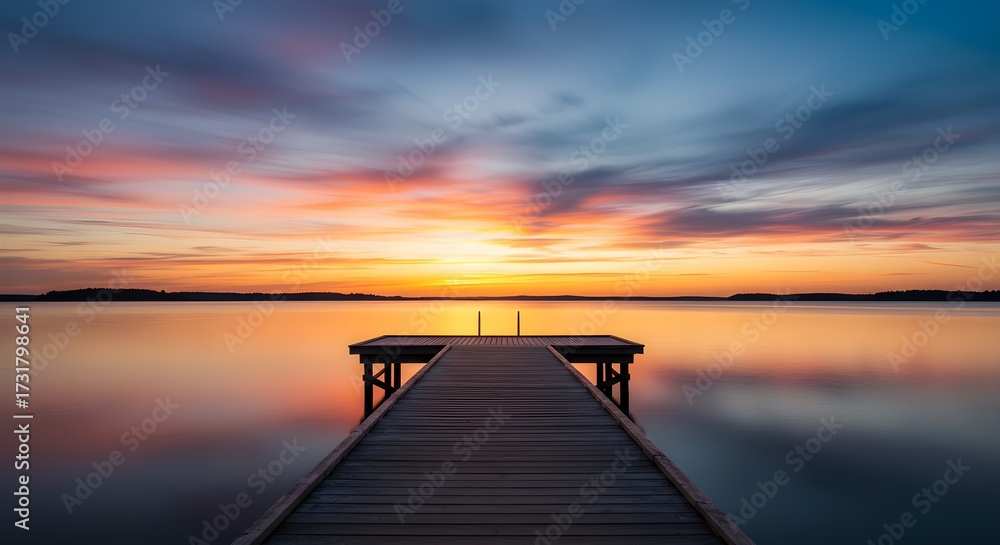 Fototapeta premium Wooden pier at sunset over calm lake