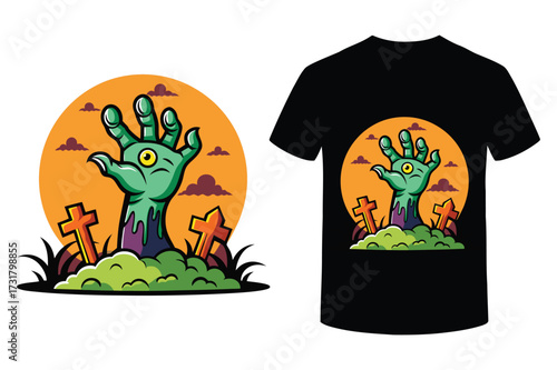 Zombie Hand Rising T-shirt design Halloween party, Halloween cartoon t-shirt design, vector illustration for Halloween celebration.