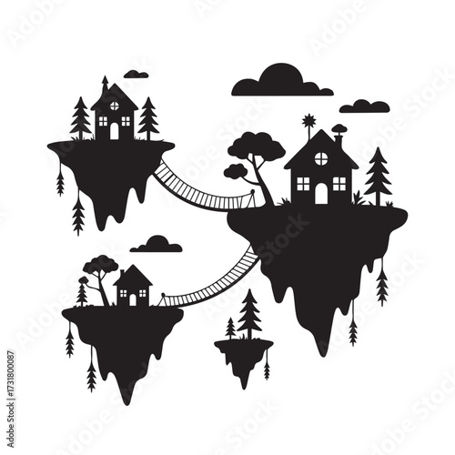 Vector art of fantasy floating islands with houses connected by rope bridges, trees, and clouds, creating a whimsical silhouette scene