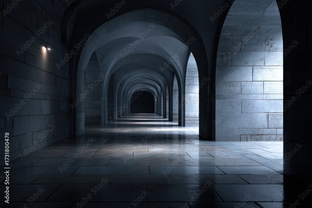 Fototapeta premium Abstract corridor featuring endless repeating arches, illuminated by soft light, showcasing textured stone walls and polished floor, creating a serene and mysterious atmosphere