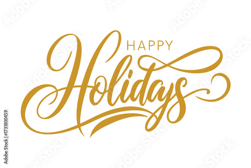 Luxurious gold typography delivers warm holiday wishes. The ornate script reads 'Holidays' with a refined 'Happy' above, perfect for seasonal branding, cards, or festive marketing materials.