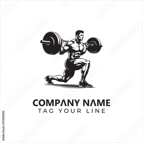 Muscular Man Performing Lunge with Barbell Black and White Vector Illustration.