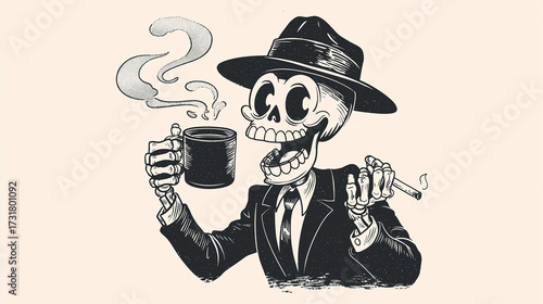 Retro Skeleton Character Drinking Coffee in Vintage Cartoon Style