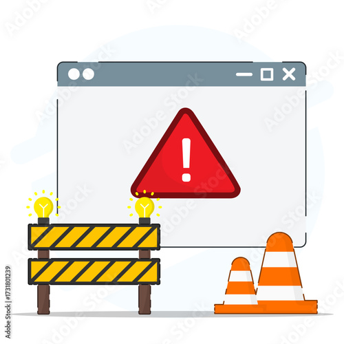 Illustration of warning error message on computer screen with barricade and cones. Concept of system under maintenance.