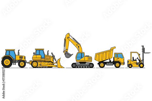 Illustration of various construction vehicles lined up in a row perfect for construction, engineering, or transportation projects