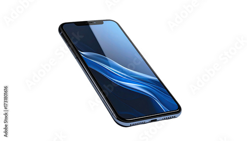 Angled dark phone displays fluid blue lines on screen, dark background