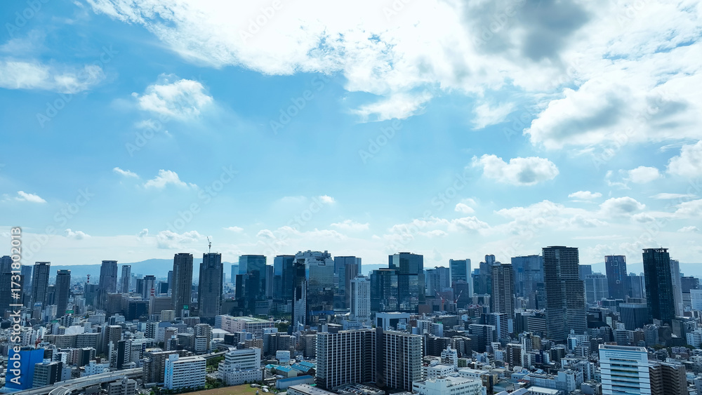 Obraz premium 現代都市と青空のドローン空撮