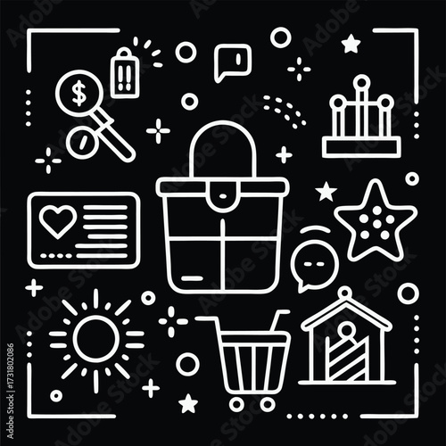 Black and white illustration of a shopping