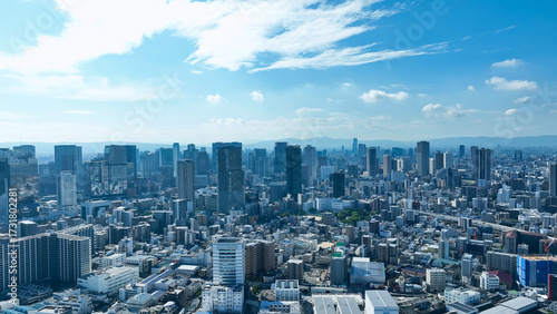 Fototapeta Naklejka Na Ścianę i Meble -  都市、社会、青空、ドローン、展望、建設、日本、市街地、ビル群、地平線、空撮、ビル、経済、ビジネス、俯瞰、パノラマ、ハイアングル、鳥瞰図、風景、景観、景色、現代、都会、不動産、ゼネコン、デベロッパー、建築、高層ビル、町並み、街、観光、旅行、行政、公共、地域、産業、インフラ、自然、環境、交通、住宅、オフィスビル、大都会、建物、晴れ、眺望、コピースペース、明るい、昼間