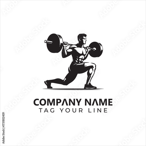 Muscular Silhouette Performing Barbell Lunges Fitness Logo Design Concept.