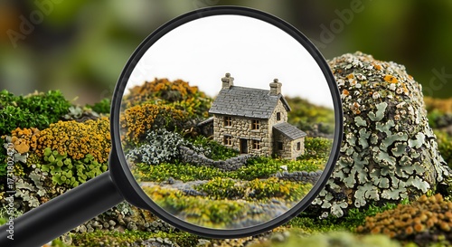 A magnifying glass precisely revealing a charming miniature cottage nestled within a lush, mossy landscape, symbolizing detail, discovery, and hidden worlds.