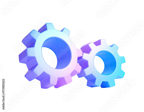 Two 3D rendered gears with a gradient, interconnected, on a black background