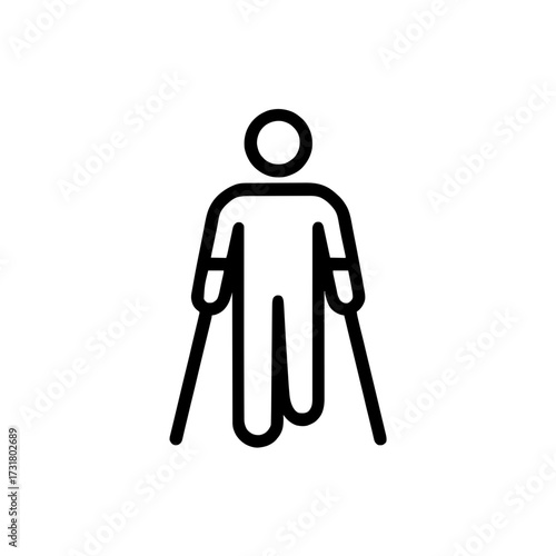 Black and white outline vector icon of person using crutches. Symbol of injury, mobility aid, and physical disability. Ideal for healthcare, accessibility signage, UI, infographics, and education.