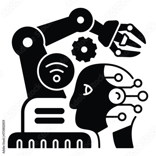 Fusion of Robotics and Artificial Intelligence for Human-Machine Collaboration and IoT Glyph Vector. Excellent for demonstrating advanced robotics, cyber-physical systems, and the future of work.