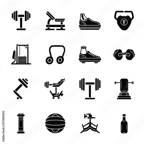 A Collection of Various Black and White Gym Equipment Icons for Fitness and Health Focused Design
