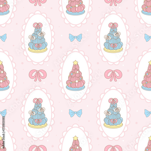 Pastel Christmas tree cake seamless pattern with cute bows on a pink background, perfect for holiday fabric, wrapping paper and festive decoration