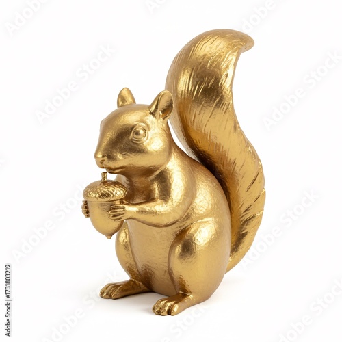 A golden squirrel statuette with an acorn in its paws,
