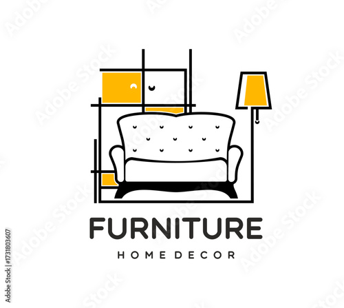 Home interior icon for design studio, apartments decor and furniture staging, thin line vector. Home interior emblem with chair or sofa, lamp and furniture for comfort living or house decor salon