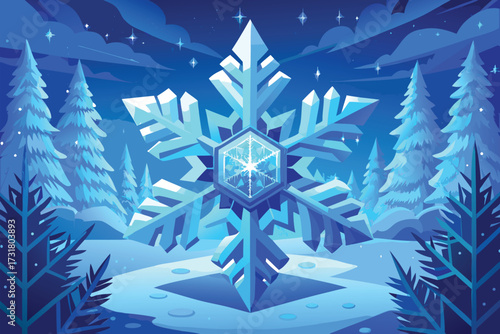 Vivid blue winter landscape featuring a crystalline snowflake in a snowy forest under a starry night sky—perfect Christmas, holiday, fantasy, seasonal, and festive stock image.