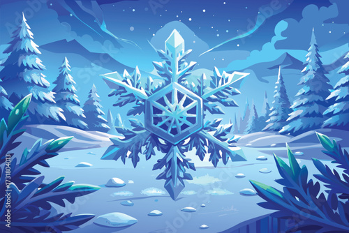 Vivid blue winter landscape with snow-covered pine trees and geometric ice snowflake centerpiece, evoking a serene magical mood ideal for Christmas, holiday, nature, or seasonal promotion visuals.