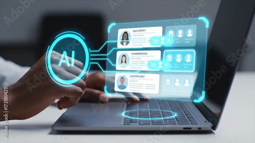 AI Agent Hologram Assisting with HR Recruitment by Scanning Profiles. 