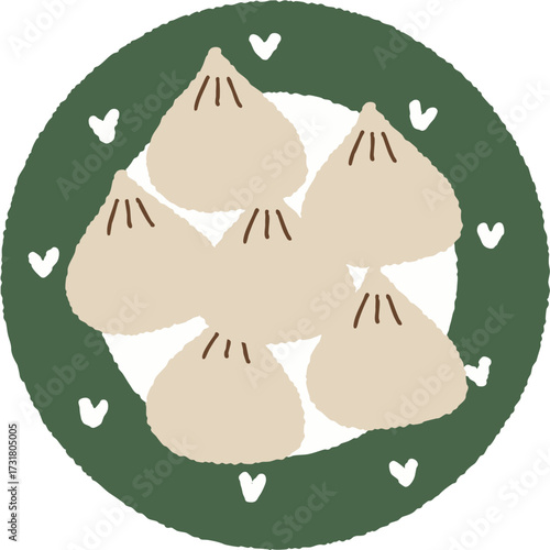 Vector plate of dumplings with hearts and green border