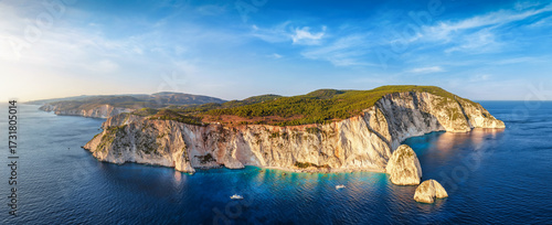 Schilderij op canvas Aerial sunset view of the south coast of Zakynthos island, Greece, with the famo