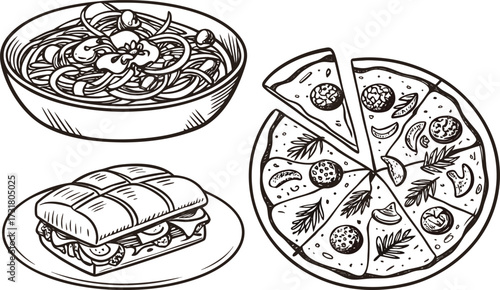 Hand drawn vector illustration of a delicious pizza with cheese, tomato, and pepperoni, perfect for an Italian restaurant or a fast lunch meal snack