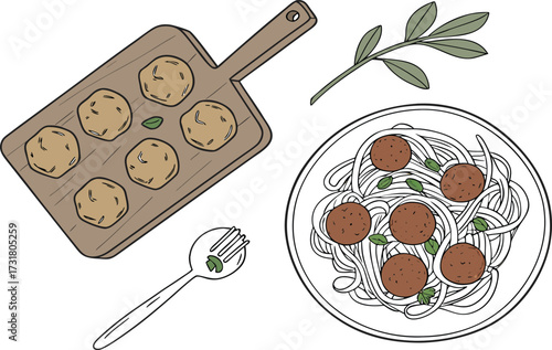Delicious dessert collection with chocolate chip cookies, cake, and coffee for a sweet breakfast or meal illustration