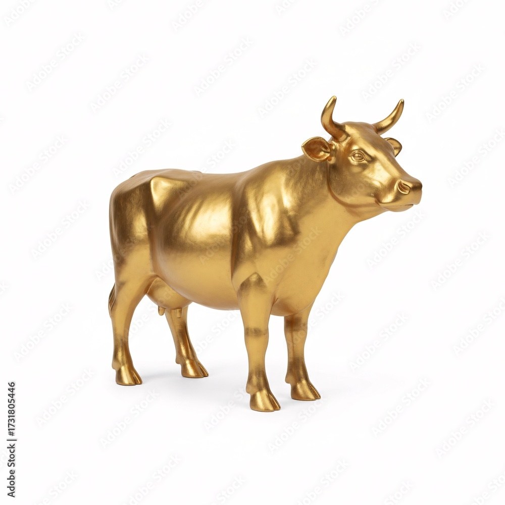 Fototapeta premium A golden cow statuette, standing, isolated on a white