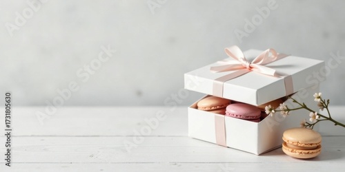 A delicate white gift box tied with a pastel ribbon, filled with pastel-colored macarons, rests on a bright wooden surface, accented by a blossoming branch.