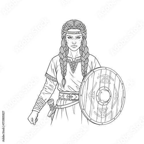Fearless Ancient Viking Shieldmaiden Valor and Defense Line Art for Adults