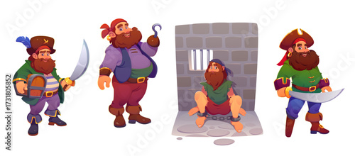 Cartoon pirate and corsair characters with treasure chest and weapon, vector personages. Caribbean pirate with saber sword or sailor captain with hook hand and boatswain corsair prisoner in jail