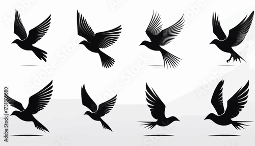 Eight black silhouette illustrations of a bird in various stages of flight against a white background.