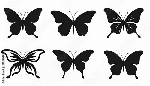 Six stylized black butterfly silhouettes with varying wing patterns, displayed on a white background.