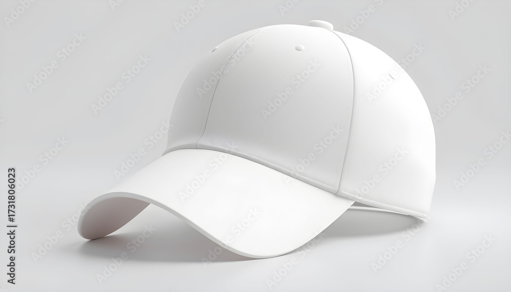 Fototapeta premium A plain white baseball cap with a curved brim, shown in a clean studio shot on a seamless light gray background.