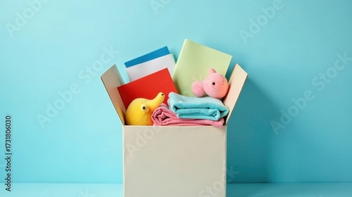 A cardboard box filled with soft pastel-colored clothing, playful stuffed toys, and stationery supplies against a light blue background
