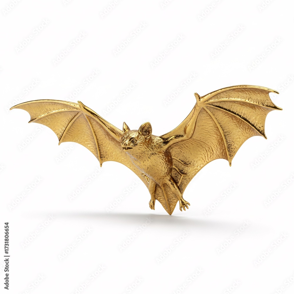 Naklejka premium A golden bat statuette with spread wings, isolated on a white