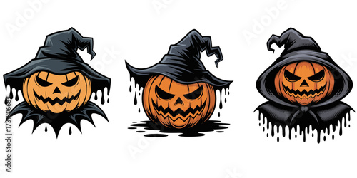 Horror Jack-o'-Lantern Mascot Set with Witch Hats and Robes
