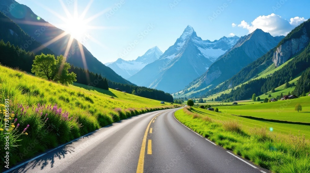Naklejka premium Asphalt ribbon unwinding through a sun-drenched alpine valley, flanked by verdant meadows and majestic snow-capped peaks, a scenic summer drive.
