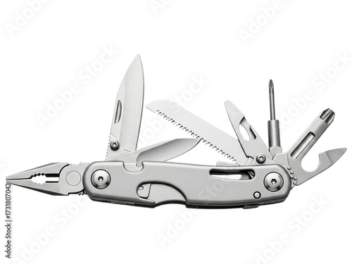 Stainless steel multitool with pliers, knife, and saw unfolded on a transparent background