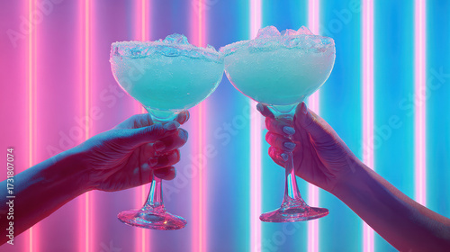 Tropical Toast: Two hands hold up frosted cocktail glasses filled with a refreshing, blue, concoction, clinking them together in a neon-lit celebration.
