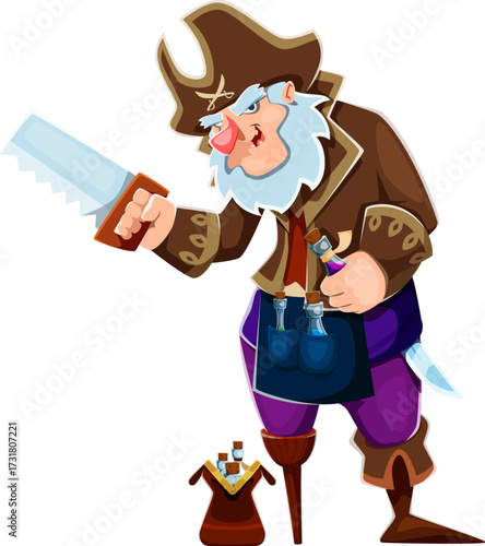 Cartoon pirate surgeon ship crew character with wooden peg leg and beard, dressed in rugged attire holding a saw and potion bottles. Vector medical doctor corsair personage for fantasy adventure games
