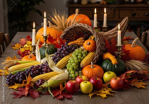 Photo of a festive thanksgiving cornucopia centerpiece on a wooden table, filled with pumpkins, gourds, corn, grapes, apples, and candles, creating a warm ambiance