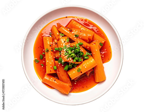 Spicy orange-red Korean dish, likely tteokbokki
