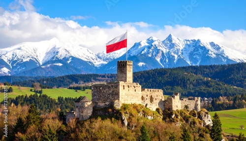 Fototapeta Naklejka Na Ścianę i Meble -  Majestic castle atop a hill, flag waving in a scenic mountain vista