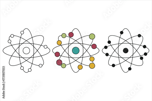 Vector art of atom illustration, showcasing the basic structure of matter with electrons orbiting the nucleus in various configurations and color schemes